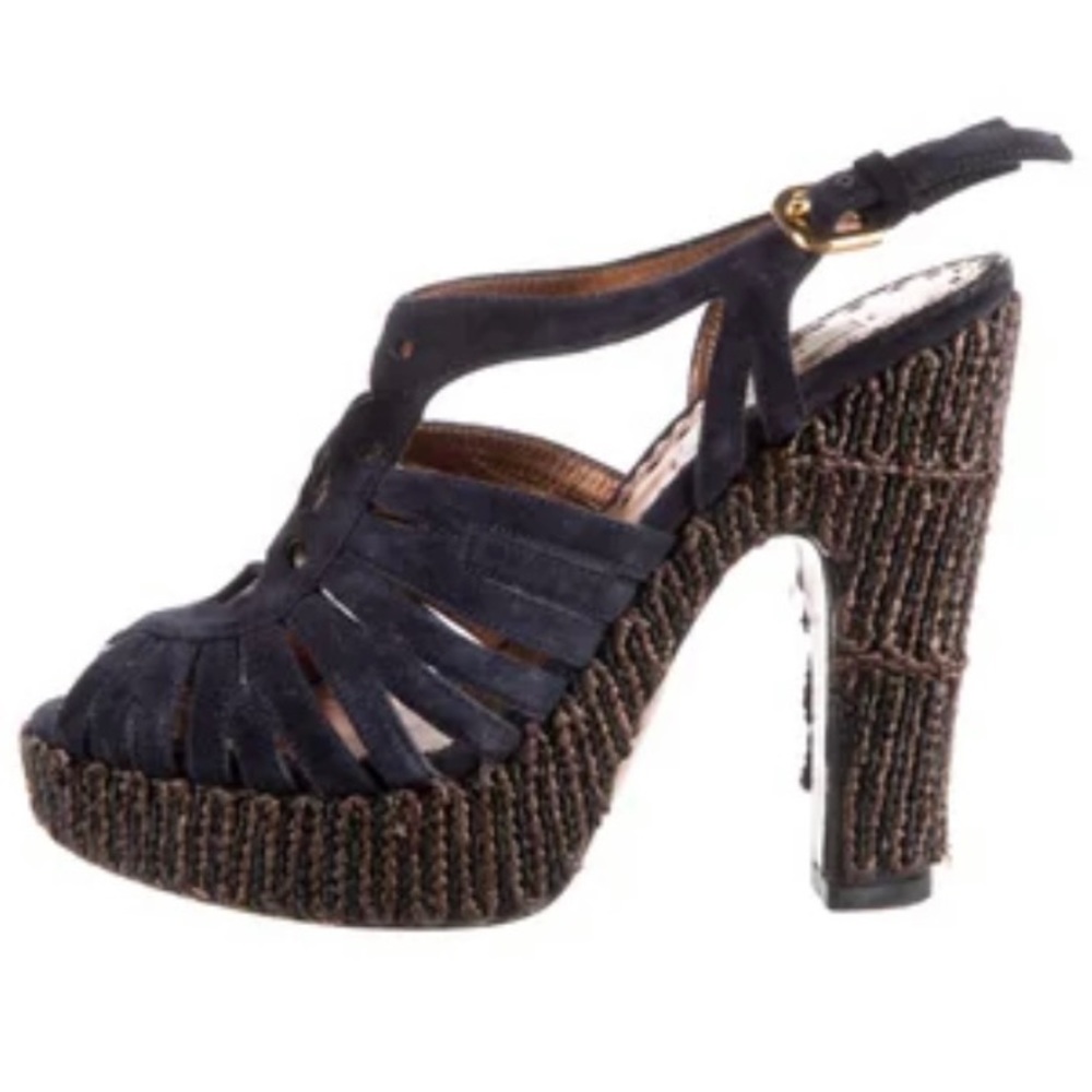 Prada ankle strap suede open toe pumps heels black 35.5